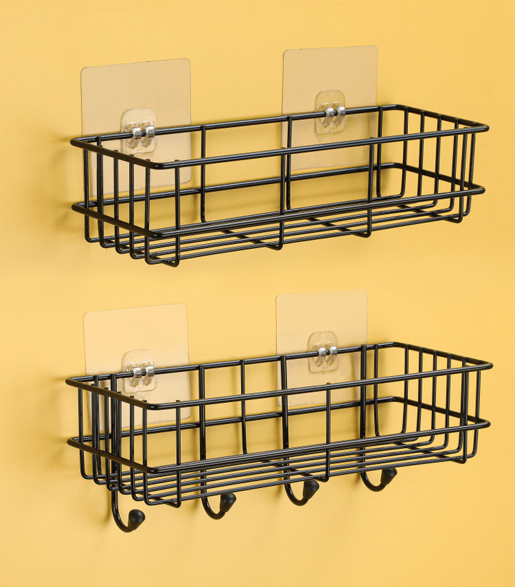 ADONZ Sticker Wall Mounted Bathroom Corner/ / Rack/ Storage Organizer Iron, Steel Wall Shelf(Number of Shelves - 2, Black)