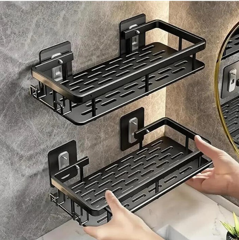 powerfos Bathroom plastic Shelves No-Drill Corner Shelf Shower Storage Rack Plastic Wall Shelf(Number of Shelves - 2, Black)