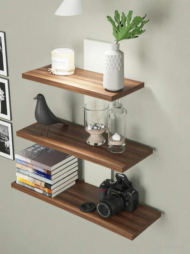 mkscrafto Amazing home recor wall rack shelf glossy finished Wooden Wall Shelf(Number of Shelves - 3, Brown)
