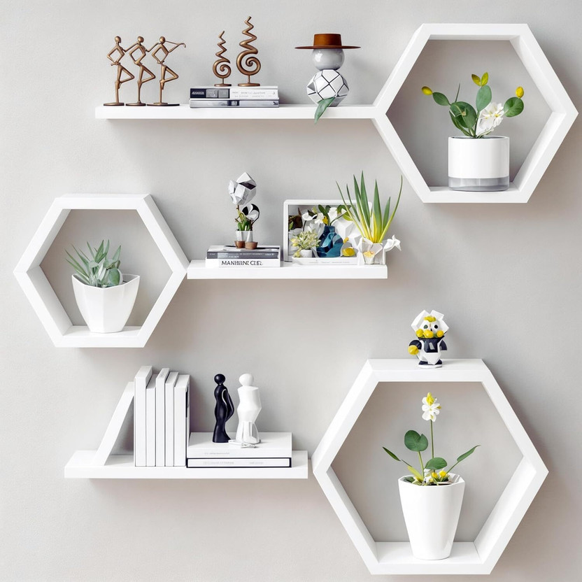 Stylish Art Maker Wall Shelf for Home&Office Decor Item Wall Mounted floating Shelf Set Of6(WHITE) Wooden, MDF (Medium Density Fiber) Wall Shelf(Number of Shelves - 6, White)