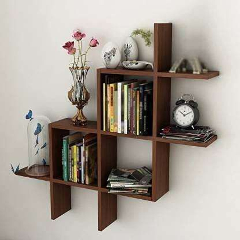 SAJAAVA Wooden Floating Wall Mounted Shleves | Decorative Wall Mounted Book Shelf Wooden Wall Shelf(Number of Shelves - 8, Brown)