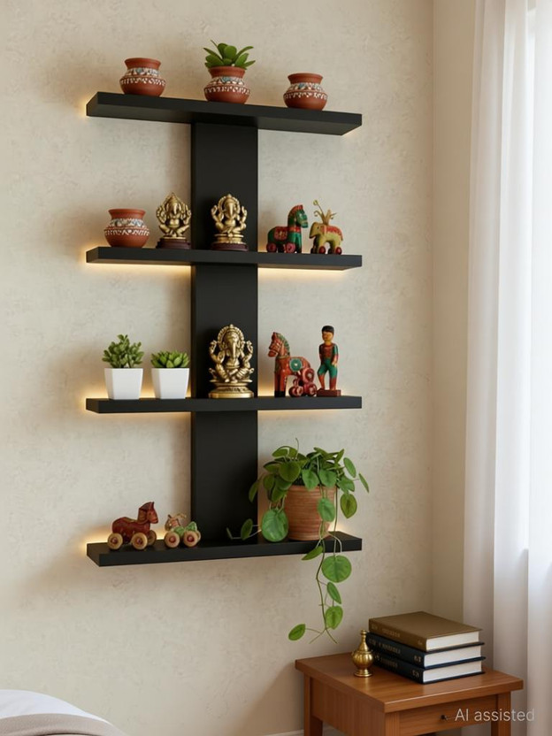 RASTWOOD Wooden Wall Shelf Home Decor MultiPurpose Display Rack for Room Books Plants Wooden Wall Shelf(Number of Shelves - 4, Black)