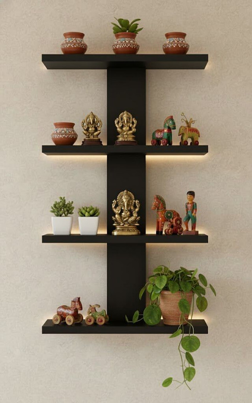 RASTWOOD Wooden Wall Shelf Home Decor MultiPurpose Display Rack for Room Books Plants Wooden Wall Shelf(Number of Shelves - 4, Black)