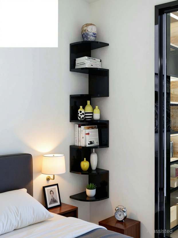 woodinzo Wooden Wall Zigzag Wall Racks Shelf For Home Decor Living Room , Bedroom MDF (Medium Density Fiber), Wooden Wall Shelf(Number of Shelves - 7, Black)