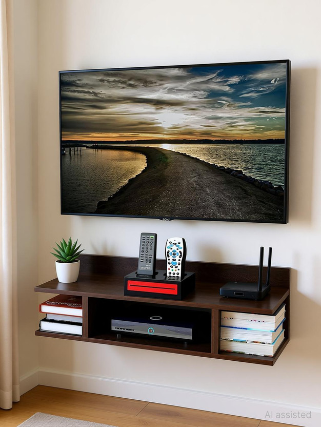 Wood Mega Mart Wooden Set Top Box Wall Shelf Wall Mount Stand || TV Entertainment Unit || WiFi Router || TV Set Top Box Wall Shelf | Shelf For Living Room | Living Room Shelf | Dish Holder - 22 Inches Wooden Wall Shelf(Number of Shelves - 1, Black)