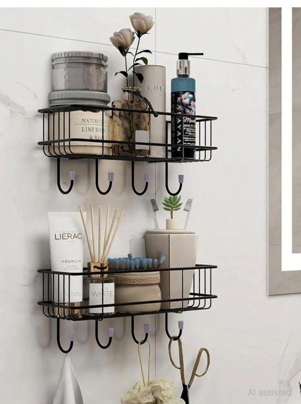 kedarnath ROLLWELL Bathroom rack self with 4 hooks to hang towel and more hanging items Stainless Steel, Iron Wall Shelf(Number of Shelves - 2, Black)