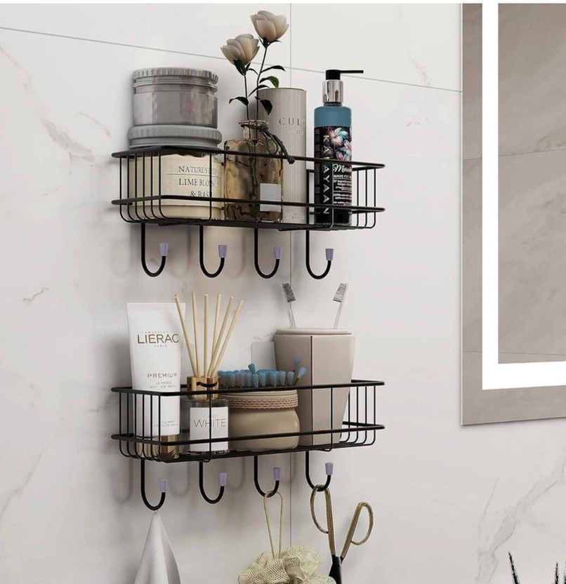 kedarnath ROLLWELL Bathroom rack self with 4 hooks to hang towel and more hanging items Stainless Steel, Iron Wall Shelf(Number of Shelves - 2, Black)