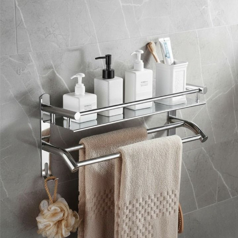 Anju Stainless Steel Wall Mounted Bathroom Shelf with Double Towel Rod & Hooks Stainless Steel Wall Shelf(Number of Shelves - 1, Silver)