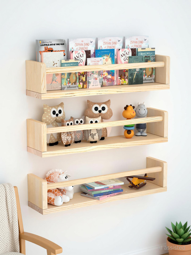 Absales Wooden Nursery Wall Shelves (3 PCs) for Books, Toys & Décor, 40 cm Wooden Wall Shelf(Number of Shelves - 3, Beige)