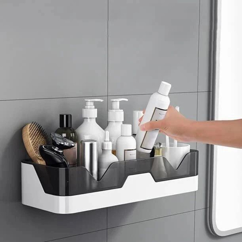 iSTAR Self Adhesive Kitchen and Bathroom Wall Organizer Plastic Wall Shelf(Number of Shelves - 1, Black, White)