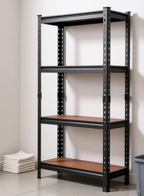 AshandRoh Adjustable Shelves Storage Shelving Display [ 4'6" x 2" x 1" ] (4 SHELVES) Wooden, Iron Wall Shelf(Number of Shelves - 4, Black)
