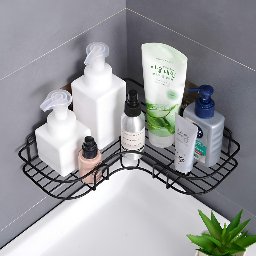 Jiyan Enterprise Metal Corner Bathroom Shelf | No-Drill Adhesive | Rustproof Shower Rack Steel Wall Shelf(Number of Shelves - 1, Black)