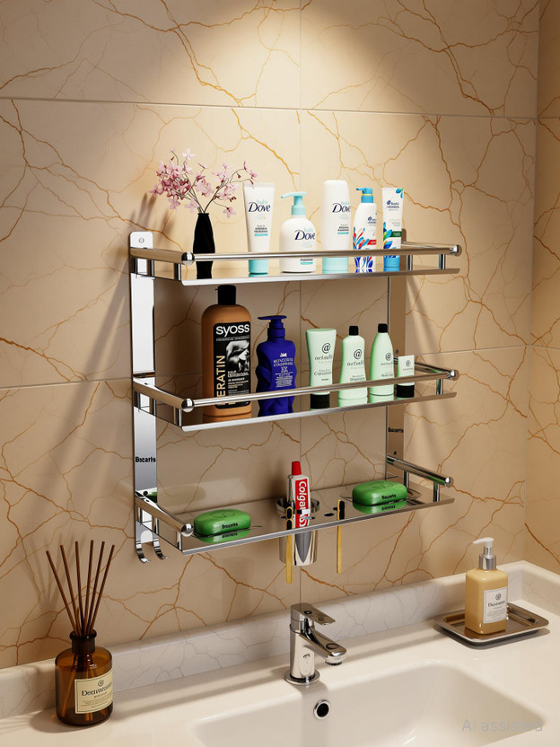 Bzcarts Stainless Steel Bathroom Rack Shelf Organizer Wall Mounted Accessories Holder Stainless Steel Wall Shelf(Number of Shelves - 3, Steel)