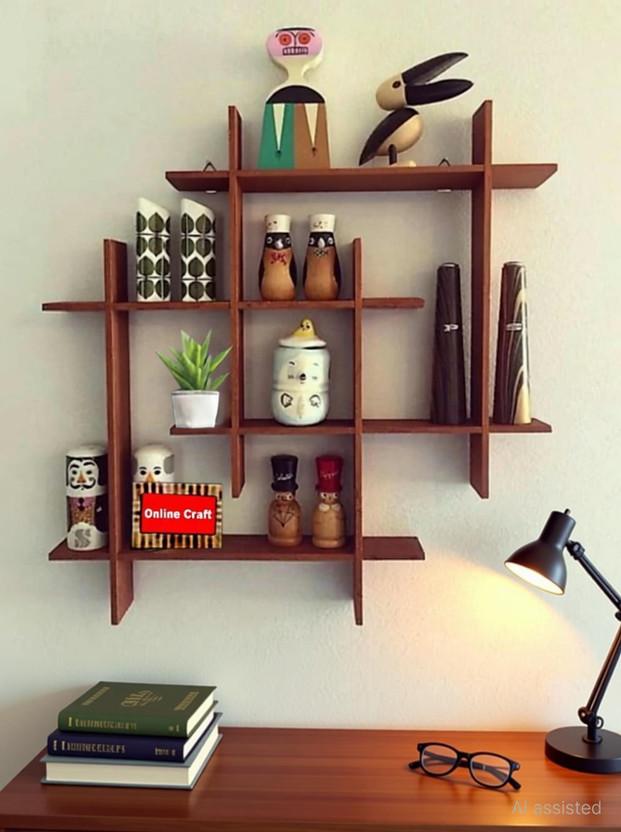 ONLINECRAFTS Wooden wall mount plus shape Floating rack shelf for book shelf living room Wooden Wall Shelf(Number of Shelves - 4, Brown)