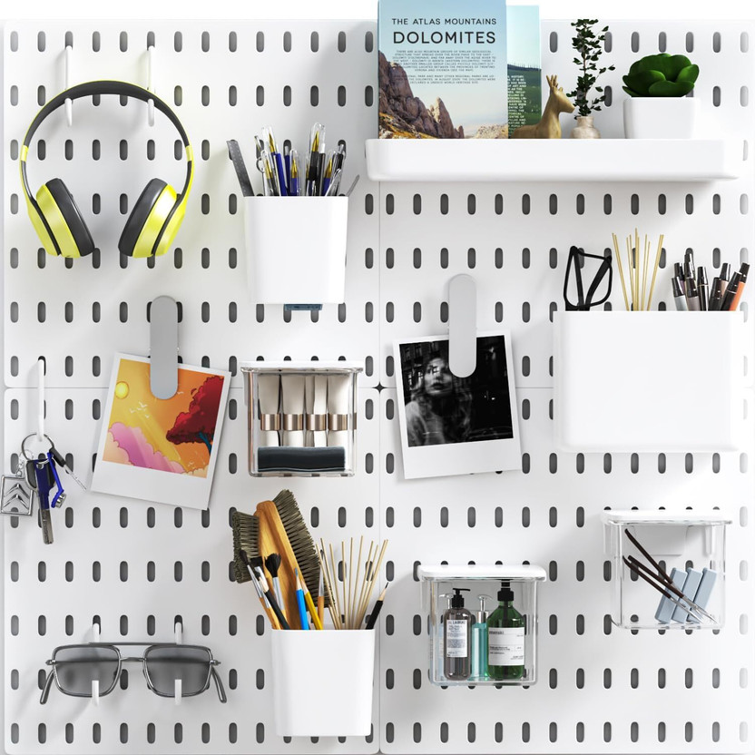 Gifts Gifts Island 28 PCS Pegboard Kit Wall Organizer with Metal Hooks Shelf and Storage Box Plastic Wall Shelf(Number of Shelves - 7, White) - Flipkart Deal