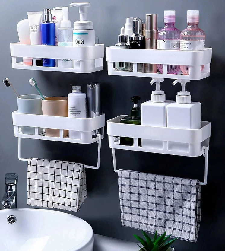 WORA Damage-Free Bathroom Storage Rack: Space-Saving Organizer for Skincare Plastic Wall Shelf(Number of Shelves - 4, White)