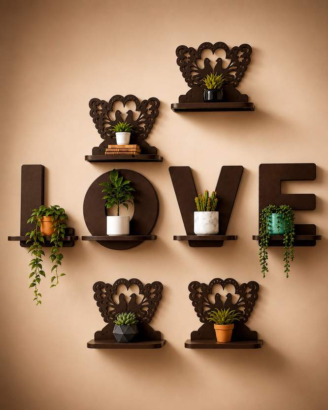 Simmi Craft Store LOVE Wall Shelf Set of 8 | Decorative Floating Shelves for Home Decor Wooden Wall Shelf(Number of Shelves - 8, Brown)