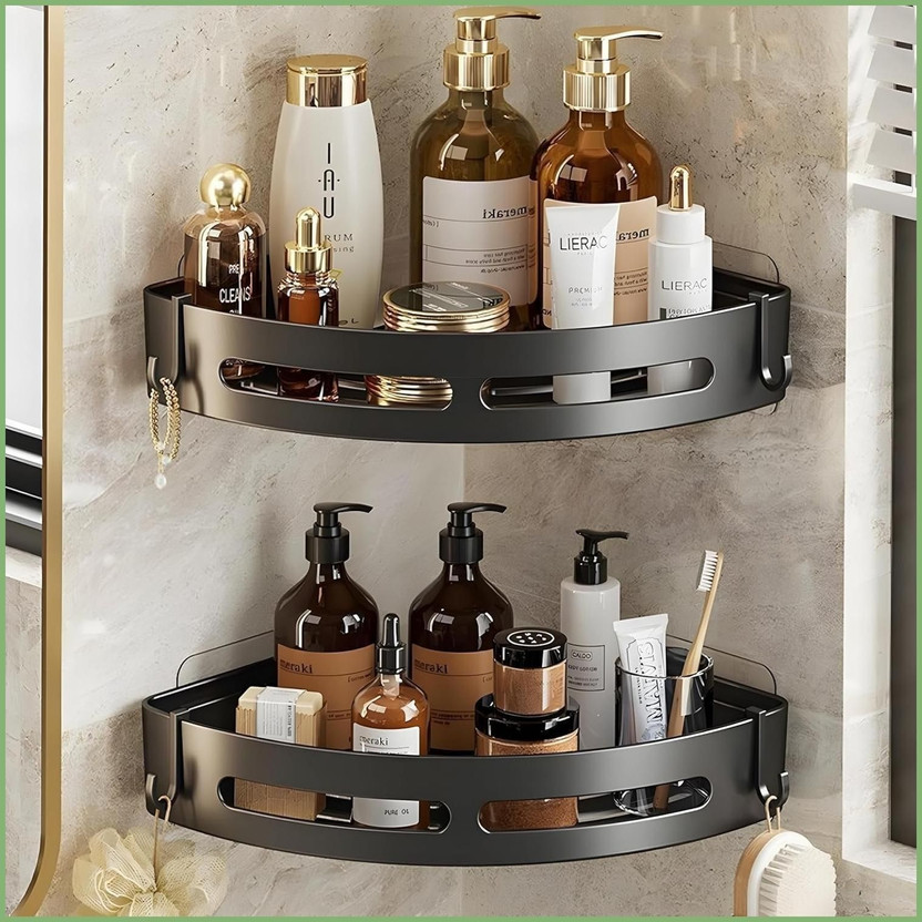 Vioraum 2 Pc Self Adhesive Plastic Bathroom Rack Bathroom Corner Rack Black Plastic Wall Shelf(Number of Shelves - 2, Black)