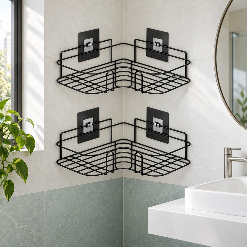 ALMORA ALMORA Bathroom organizer / Bathroom accessories storage/Kitchen rack Iron Wall Shelf(Number of Shelves - 2, Black) - Flipkart Deal