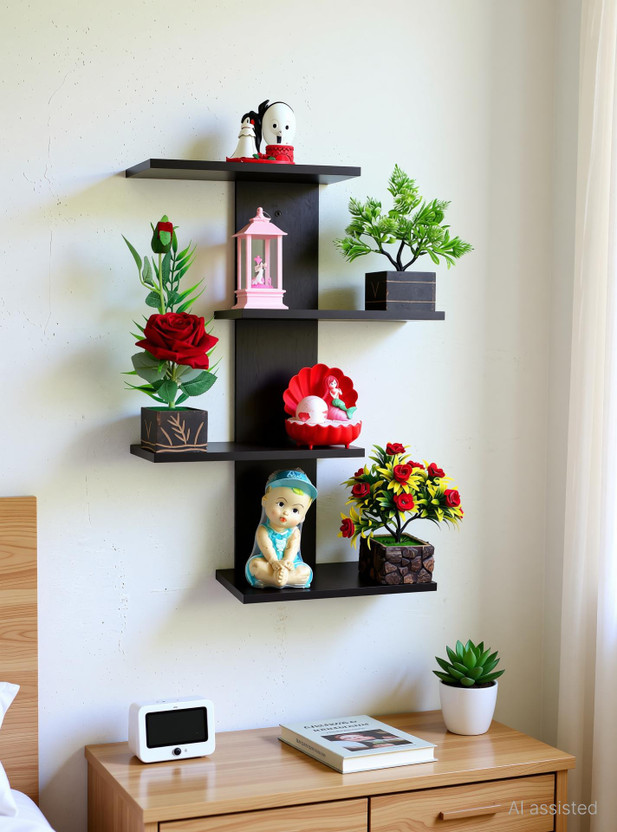 Chaman handicraft Black11 Wooden Wall Shelf(Number of Shelves - 4, Black, Brown)