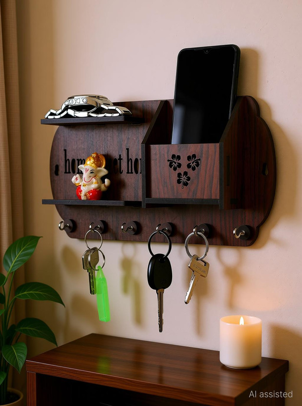 FMSA4 wall rack shelf PACK OF 1 full multi parpose key holder Wooden Wall Shelf(Number of Shelves - 2, Brown)