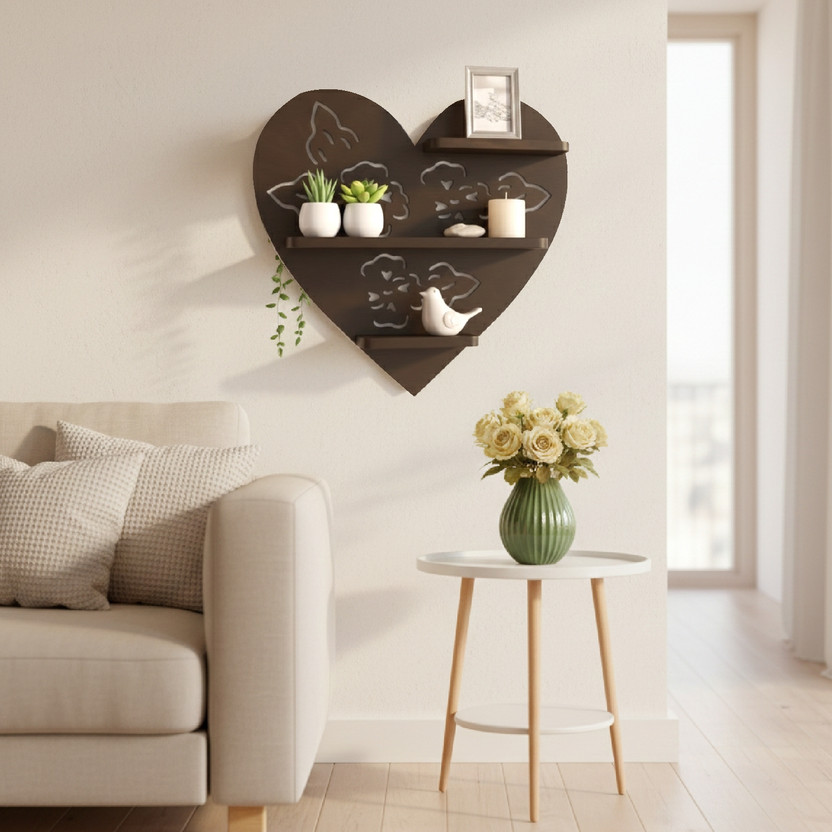 DEWGRAPHICS DEWGRAPHICS Heart Shape MDF Wall Shelf | Decorative Floating Shelf for Living Room & Bedroom MDF (Medium Density Fiber), Wooden Wall Shelf(Number of Shelves - 3, Brown) - Flipkart Deal