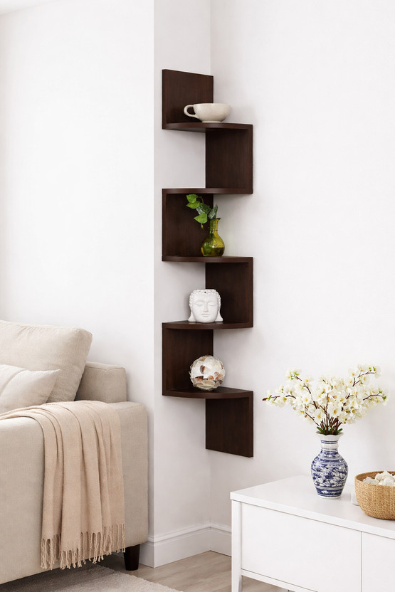 RACOLLECTION ZigZag Wall Shelves | Corner Wall Shelf | Hanging Corner MDF (Medium Density Fiber) Wall Shelf(Number of Shelves - 1, Brown)