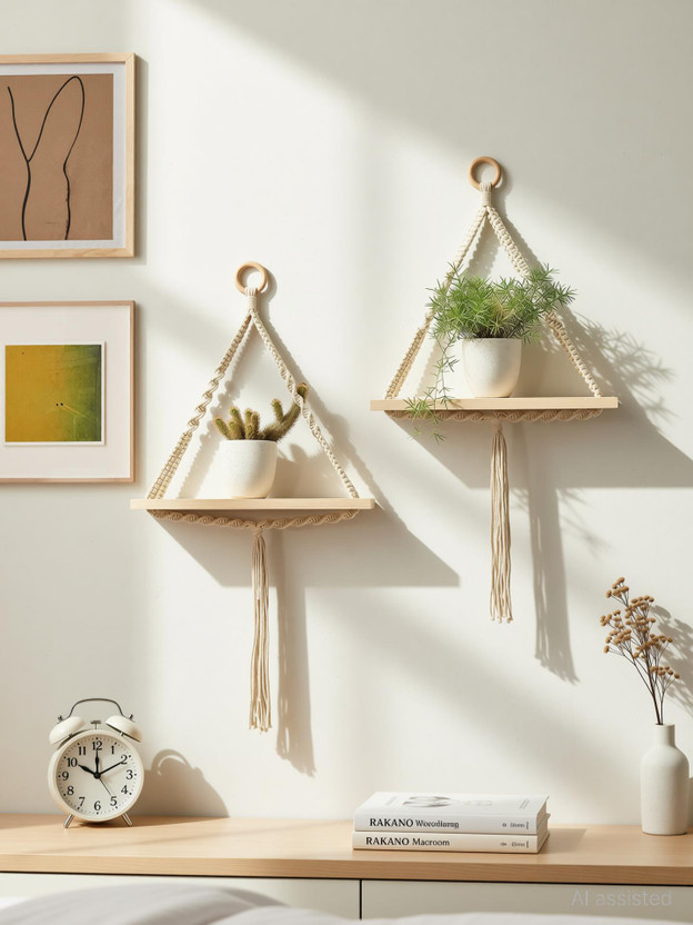 RAKANO Macrame Wall Hanging Wooden Shelf Floating Rack Shelves for Bedroom Living Room Wooden Wall Shelf(Number of Shelves - 2, White)