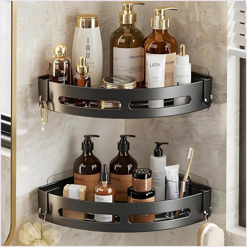 Zyloaro 2 Pc Self Adhesive Plastic Bathroom Shelves Waterproof Bathroom Organizer Black Plastic Wall Shelf(Number of Shelves - 2, Black)