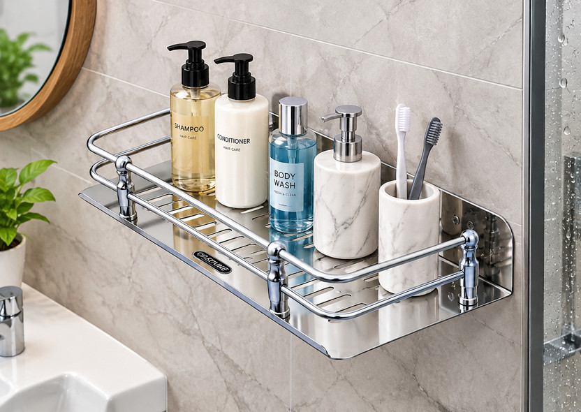 KITCHSTOP Stainless Steel Bathroom Wall Mounted Shelf Rack | 12 × Inch | Stainless Steel Wall Shelf(Number of Shelves - 1, Silver)