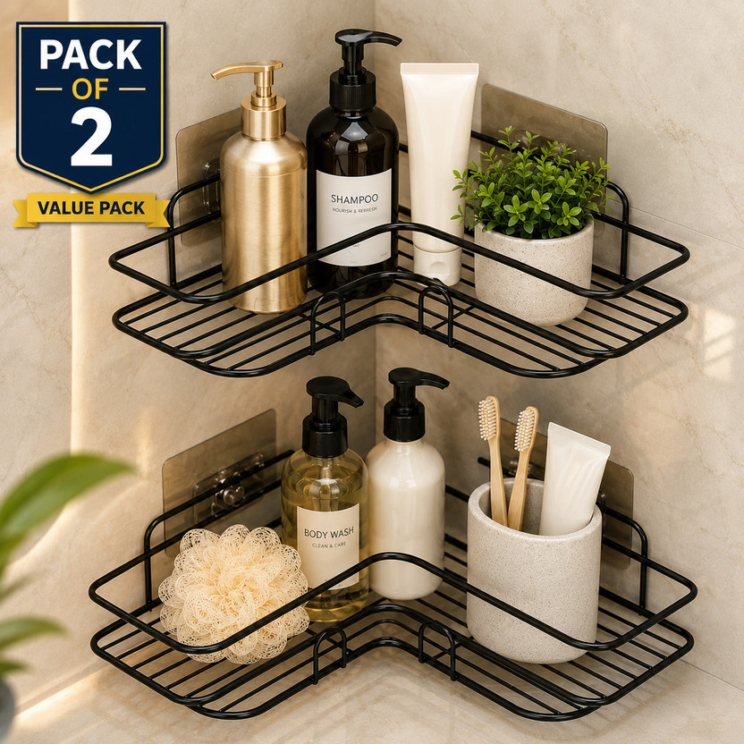 NESTFAB Corner Self Adhesive Shelf Steel Wall Shelf(Number of Shelves - 2, Black)