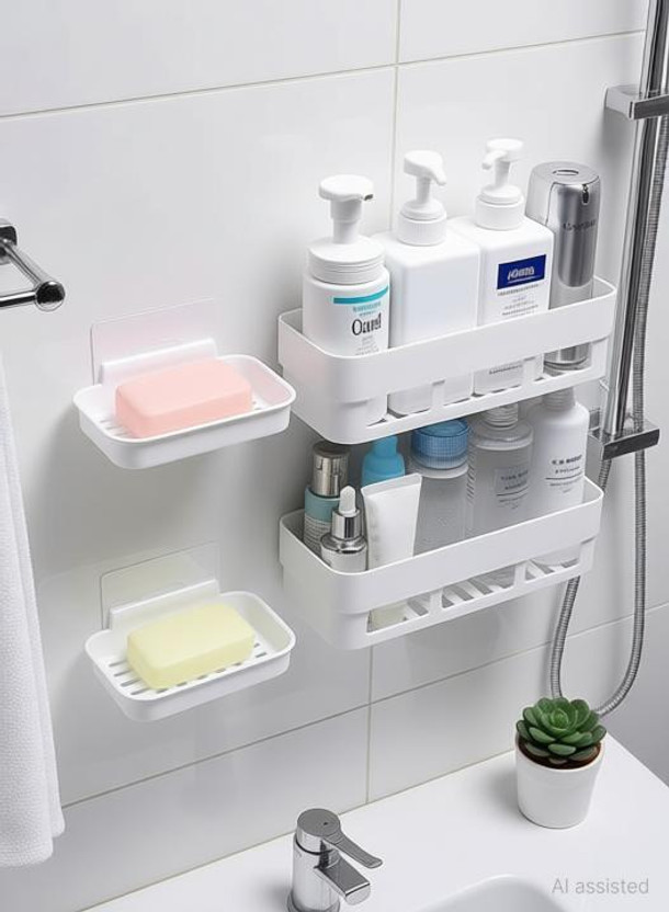 Lufasa 4 Pcs Bathroom Shelf for Wall, Self-Adhesive Bathroom Organiser with Soap Stand Plastic Wall Shelf(Number of Shelves - 2, White)
