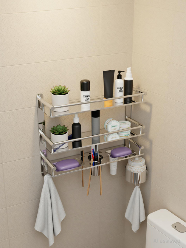 Well Set Multi-use Rack with Double Soap dish And Tumbler Holder Stainless Steel Wall Shelf(Number of Shelves - 3, Silver)