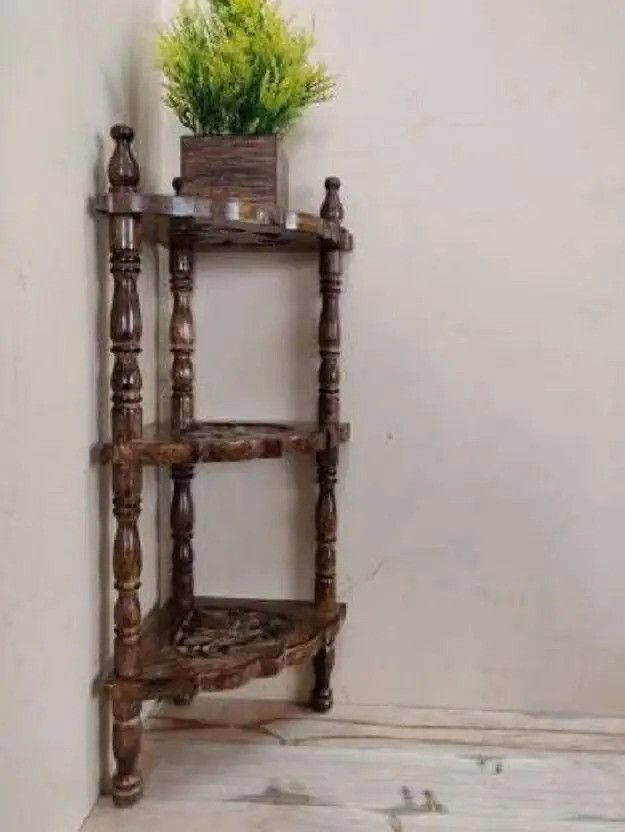 Timbercraft Mini DIY Wooden Corner Rack Wooden Wall Shelf(Number of Shelves - 3, Brown)