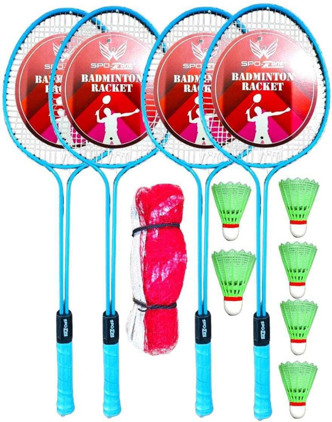 SPO Zone Double Shaft Alloy Body Racket Set OF 4 Piece With Shuttlecock & Net Combo Kit Blue, Multicolor Strung Badminton Racquet(Pack of: 4, 110 g)