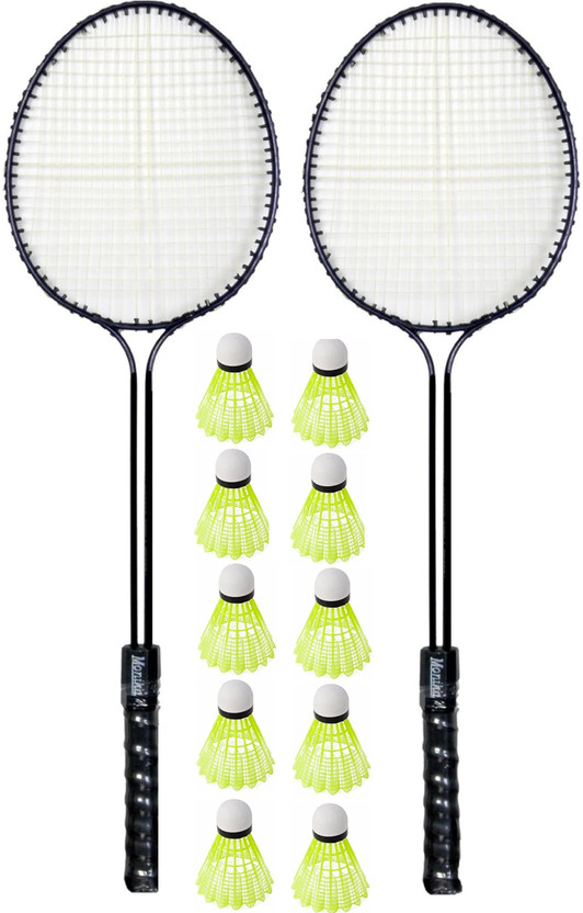 Monika Sports Lightweight Badminton Set - 2 Durable Black Rackets with 10 Shuttlecock Black Strung Badminton Racquet(Pack of: 1, 0.2 g)