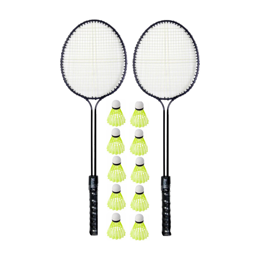 Monika Sports Lightweight Badminton Set - 2 Durable Black Rackets with 10 Shuttlecock Black Strung Badminton Racquet(Pack of: 1, 0.2 g)