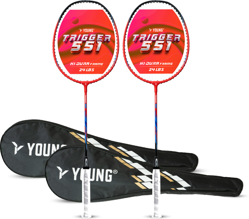 Young Trigger 551 (Power Head, High Durable) Set of 2 Rackets with 2 x Free Full Cover Red, Black Strung Badminton Racquet(Pack of: 2, 95 g)
