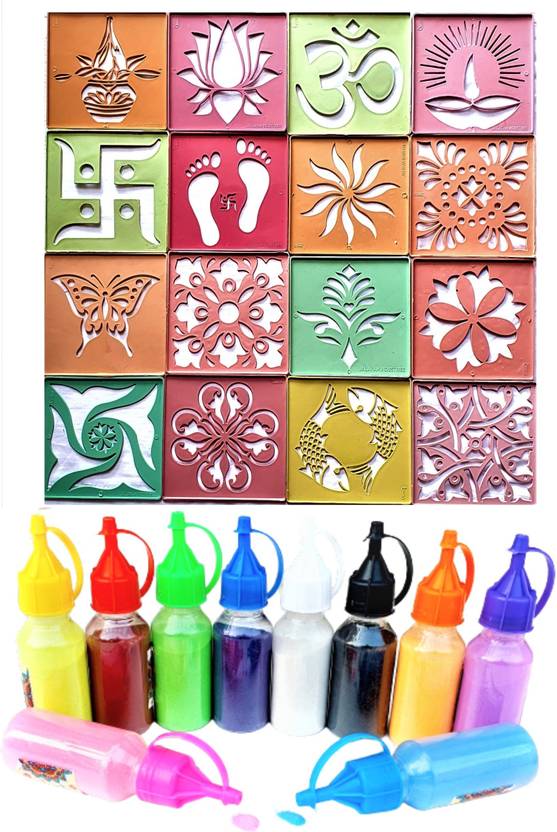 Artonezt Rangoli Tool Kit 16 DIY Kolam Rangoli Making Stencils + 10