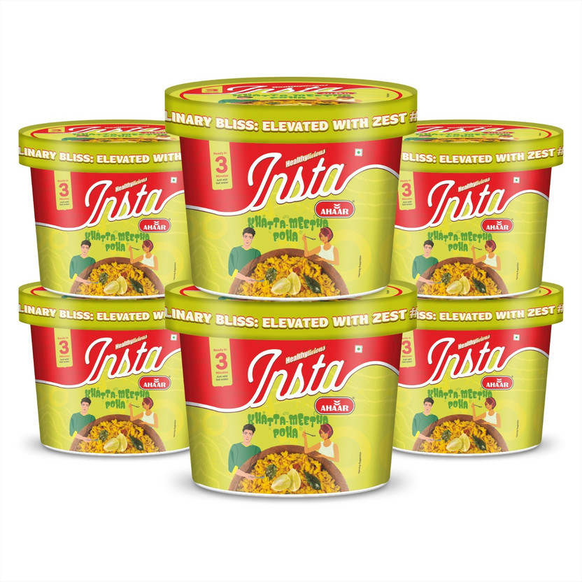 Insta Ahaar Khatta Meetha Poha - Pack of 6 Cups (80g Each) | Ready-to-Eat | Instant Snack(480 g)