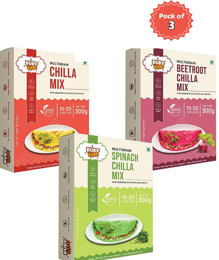 BURPEASE Plain Chilla, Beetroot Chilla & Spinach Chilla Mix, Kids and Families-(900 g)