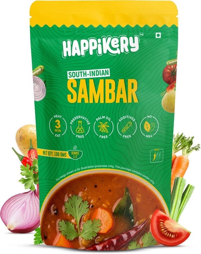 Happikery Ready to Eat South Indian Sambar (Veg Mix, Upto 1-2 Servings), Ready in 3 Mins(100 g)