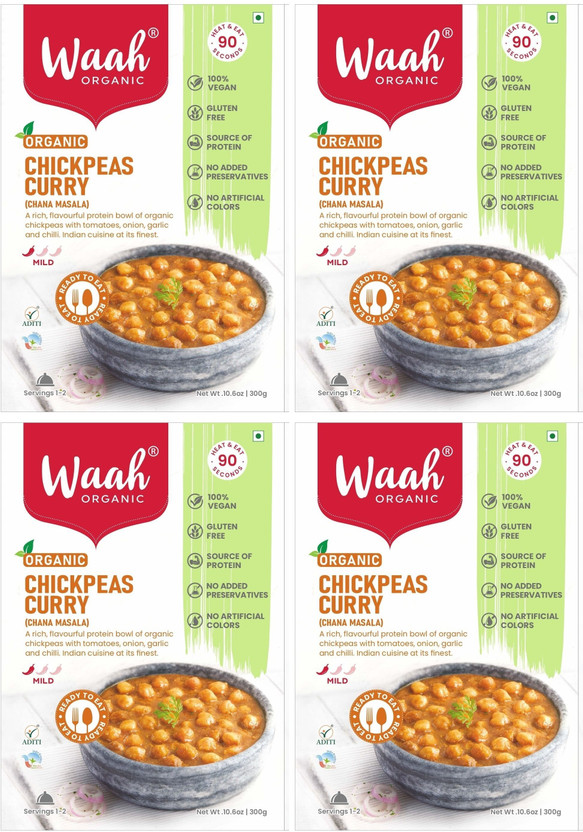 Waah Organic Chickpeas Curry (Chana Masala), Ready to Eat, Gluten-Free, Vegan, 300g x 4(1200 g)
