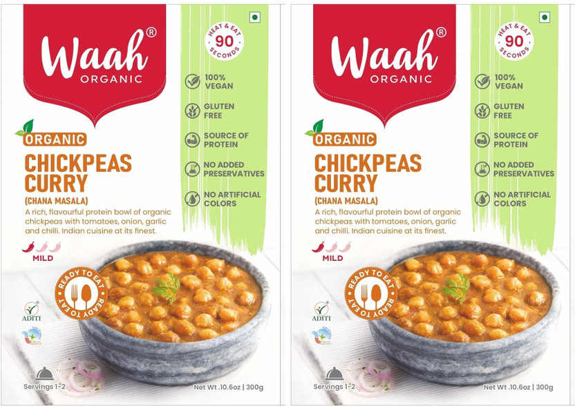 Waah Organic Chickpeas Curry (Chana Masala), Ready to Eat, Gluten-Free, Vegan, 300g x 2(600 g)