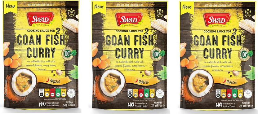 SWAD Goan Fish Curry Cooking Sauce | An Authentic dish with Rich Coconut Flavors | Curry leaves and Turmeric | Pack of 3 | 250g Each(750 g)