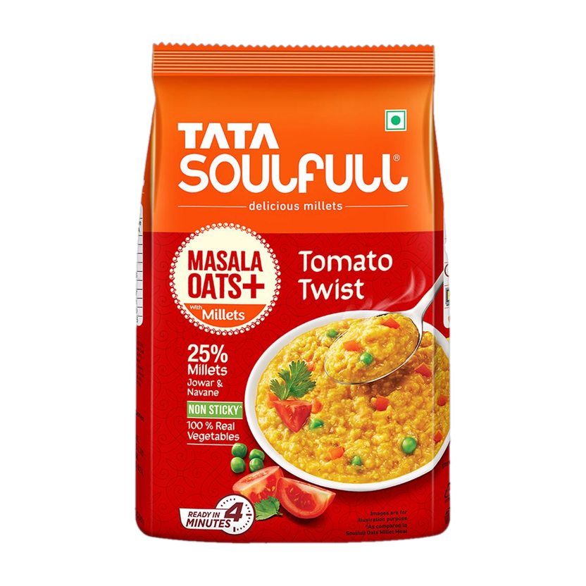 Tata Soulfull Masala Oats+, Tomato Twist, 25% Millets, Real Veggies, Non Sticky, Healthy Snack Pouch(500 g)
