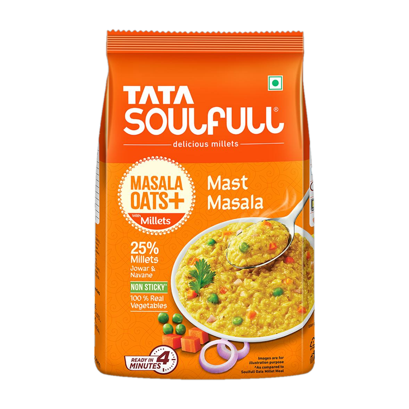 Tata Soulfull Masala Oats+, Mast Masala, 25% Millets, Real Veggies, Non Sticky, Healthy Snack Pouch(500 g)