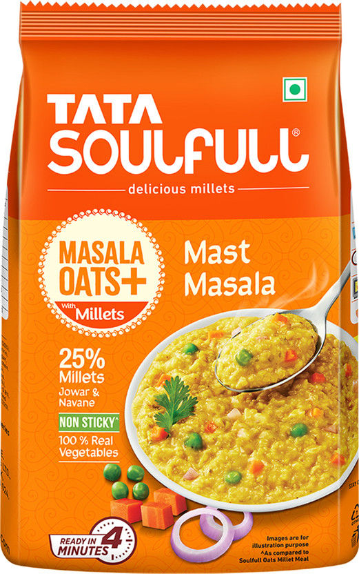 Tata Soulfull Masala Oats+, Mast Masala, 25% Millets, Real Veggies, Non Sticky, Healthy Snack Pouch(500 g)