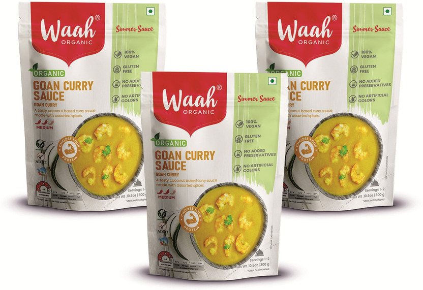 Waah Organic Goan Curry Sauce (Goan Curry), Ready to Eat, Gluten-Free, Vegan, 300g x 3(900 g)
