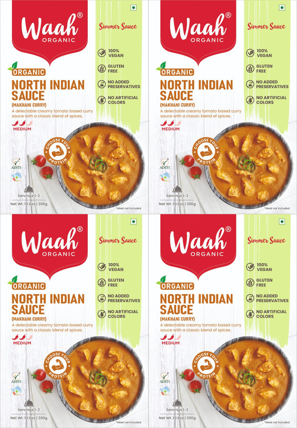 Waah Organic North Indian Curry ( Makhani Curry), Ready to Eat, Gluten-Free, Vegan, 300g x 4(1200 g)